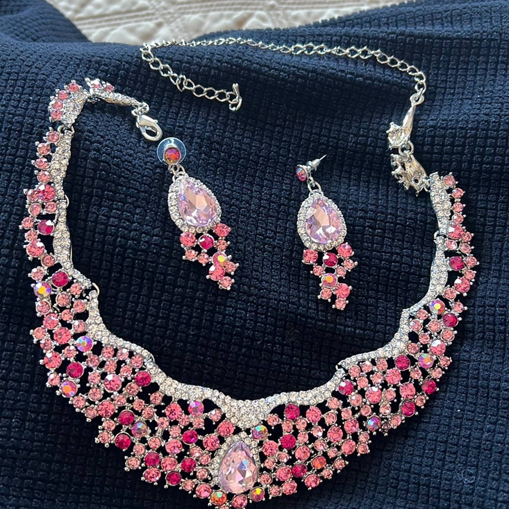 Pink and silver rhinestone necklace with matching earrings